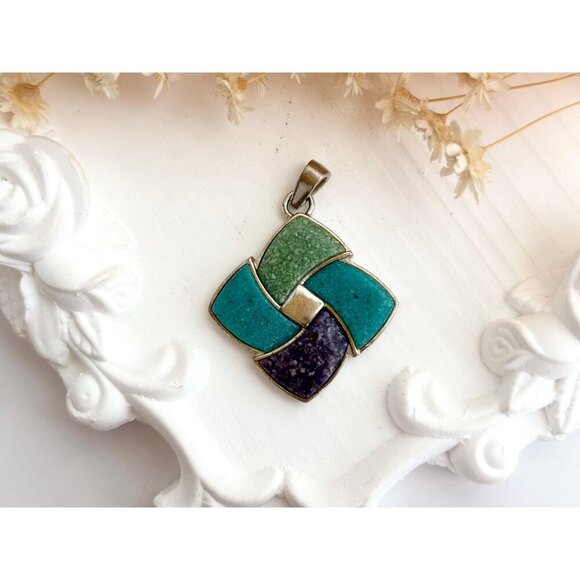 Stoneform Pinwheel Multi Gemstone Turquoise 925 Sterling Silver Vintage Pendant - Picture 2 of 9